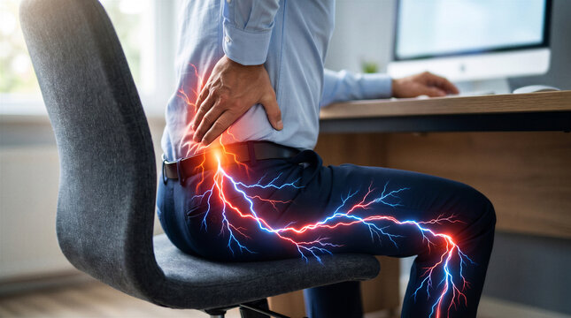 Sciatica Nerve Pain, Lower Back Injury, Neurological Health Concept, Office worker suffering from chronic leg pain nerve inflammation and lumbar discomfort while sitting