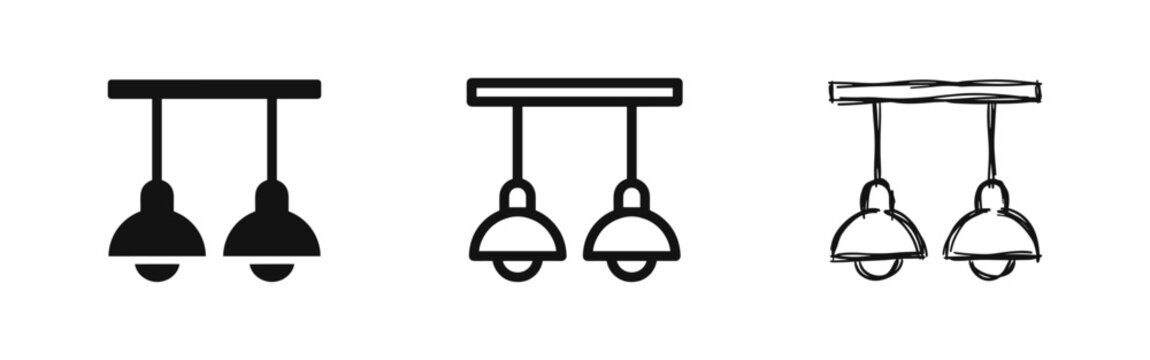 Hanging ceiling lamp icon set in flat linear and doodle styles for interior lighting and home decor