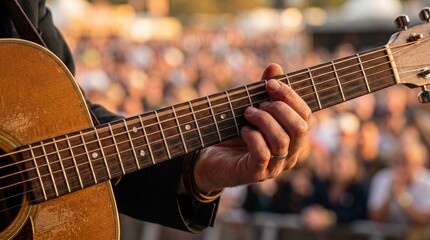 Obraz premium Person playing guitar on outdoor stage before large audience at sunset