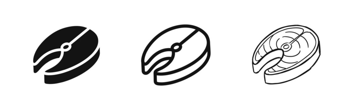 Salmon steak icon set featuring fish fillet slices in flat outline and hand drawn styles for seafood