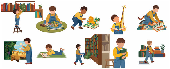 Set of little boys reading pop-up animal books and exploring library bookshelves illustration © Capital