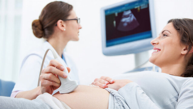 A pregnant woman smiles during an ultrasound examination in a modern clinic. Healthcare and prenatal care concept.