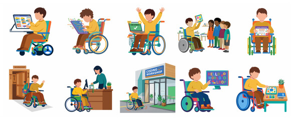 Fototapeta premium Inclusive education vector illustrations set featuring a young boy in a wheelchair learning computer programming, attending a coding workshop, and receiving an award.