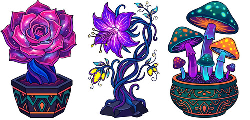 Obraz premium Fantasy Bioluminescent Alien Flora Vector Set Featuring Cosmic Succulent Rose, Glowing Magic Flower, and Psychedelic Mushrooms in Potted Planters for Sci-Fi Graphic Designs