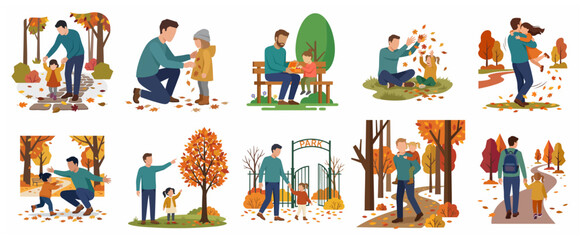 Fototapeta premium Flat illustration set of father and daughter enjoying autumn outdoor activities in the park, parenting and childhood bonding concept