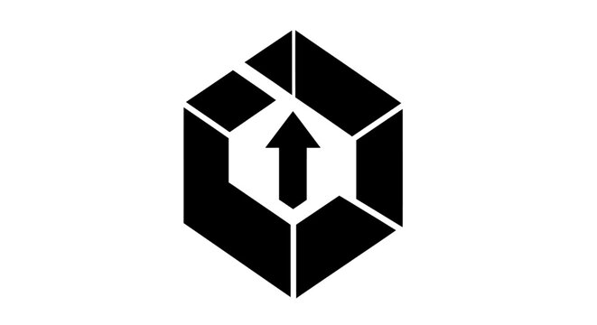 A black geometric hexagon shape with an upward pointing arrow inside the center