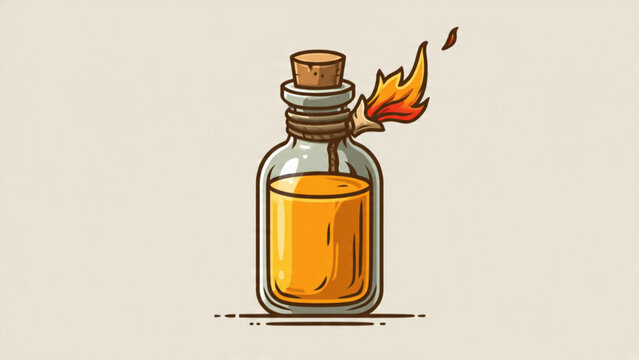 Small glass bottle with orange liquid, cork stopper, lit fuse and fiery flame, cartoon style illustration