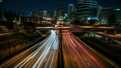 Fototapeta premium An elevated nighttime view of a complex city highway interchange featuring vibrant light trails from passing cars against a backdrop of glowing urban skyscrapers