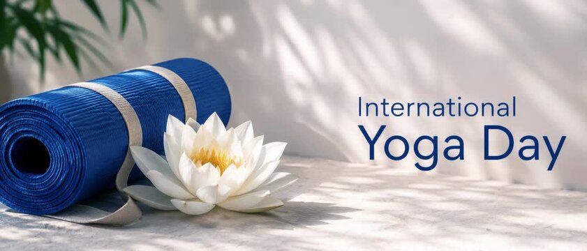 Blue yoga mat beside white lotus on sunlit surface for  International Yoga Day