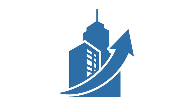 A blue icon showing a tall building with a rising growth arrow