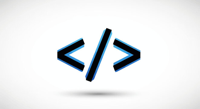 A blue and black programming code symbol isolated on a white background