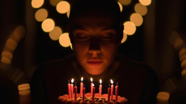 A young boy blowing out candles on a birthday cake surrounded by lights
