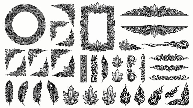Highly detailed ornamental frame and crystal border collection with feathers and fire flames vector illustration set