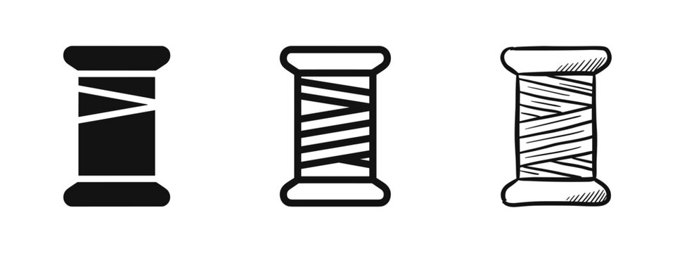 Thread spool icon set, sewing and tailoring symbols in solid, outline, and hand-drawn sketch styles