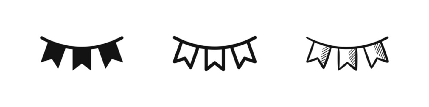 Bunting flags icon set, party decoration symbols in solid, outline, and hand-drawn sketch styles