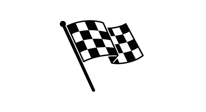 A black and white checkered flag waving on a pole against a white background