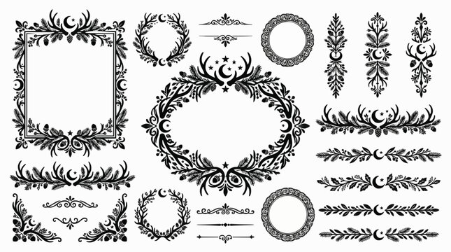 Nature inspired decorative borders and frames collection with antlers pine cones acorns and crescent moon vector illustration set