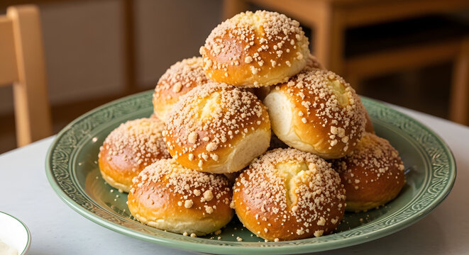 Soboro ppang or soboro bread from Korea, East Asia. Streusel crust on top breads served in a sage green plate against Korean cafe background. Asian bread, light meal, snacks assets