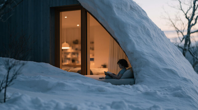 Passive house family home exterior buried in heavy midwinter snowfall, interior warmly lit window showing child reading, triple glazed windows, airtight building envelope, super