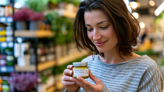 A wellness shopper in a natural grocery store holds up a glass jar of face balm reading the ingredient deck for parabens and synthetic fragrance, illustrating conscious clean beauty purchasing behav