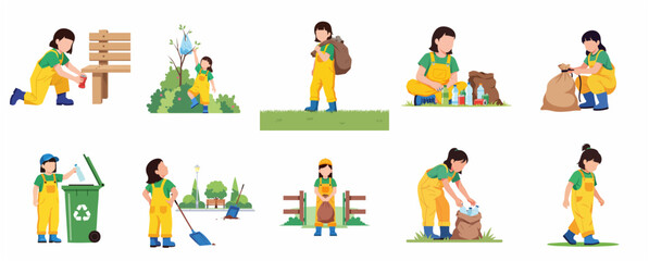 Fototapeta premium Flat Vector Illustration Set of a Young Girl Cleaning Up Trash and Recycling in the Park