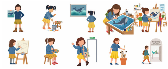 Fototapeta premium Set of flat vector illustrations featuring a young girl in art class, painting whales, visiting a gallery, and exploring her creativity through marine biology themed art activities.
