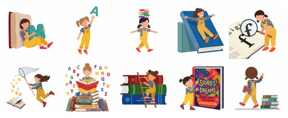 Fototapeta premium Vector illustration set of a cute little girl reading and playing with books and alphabet letters, concept of children's education and imagination