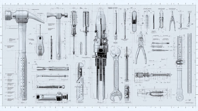Detailed Technical Drawing of Various Hand Tools and Equipment in Monochrome Line Art