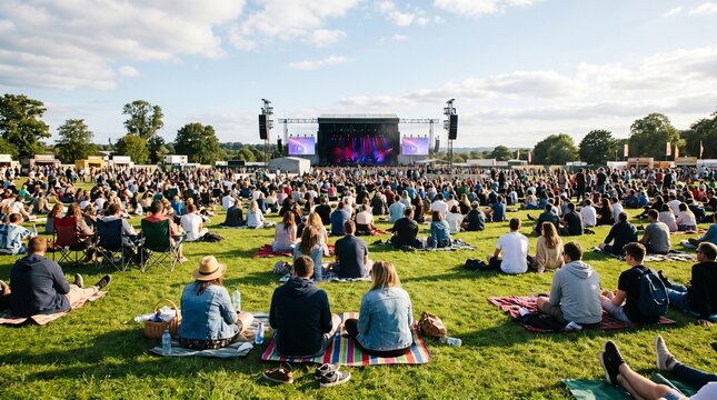 People gather on grassy field watching live music event outdoors in daytime