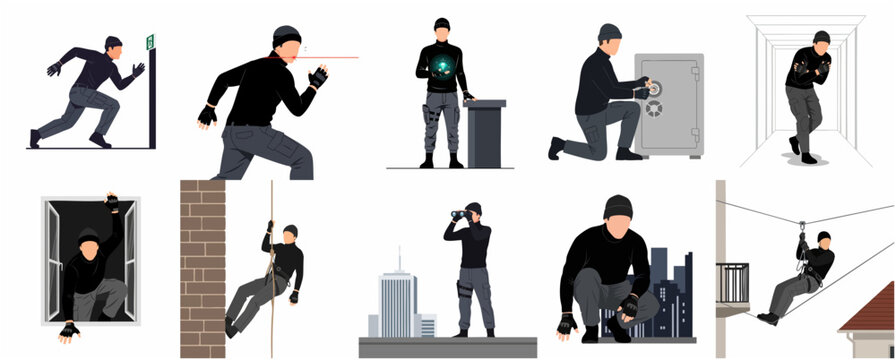 Professional burglar and thief character set in various heist actions and poses