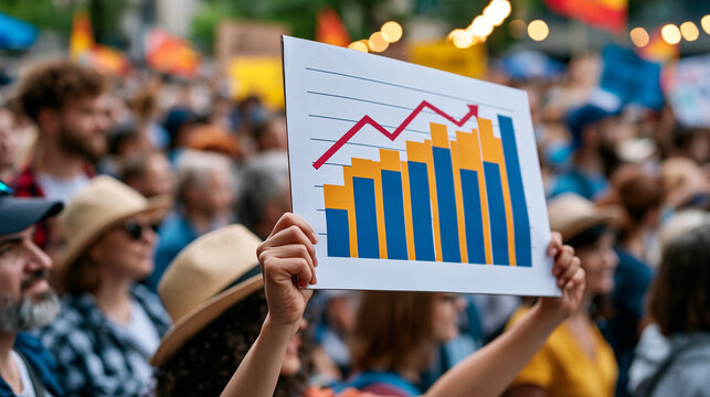 Close-up of a protest sign printed with income inequality statistics being held at arm's length by unseen hands against a blurred crowd background at a public rally representing wealth tax debate an