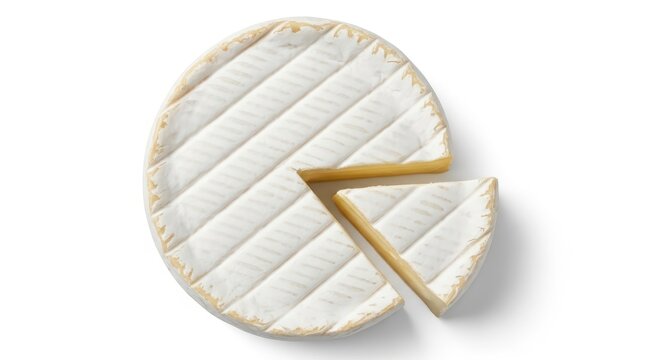 Top view of a round wheel of brie cheese with a slice cut out, isolated on white background