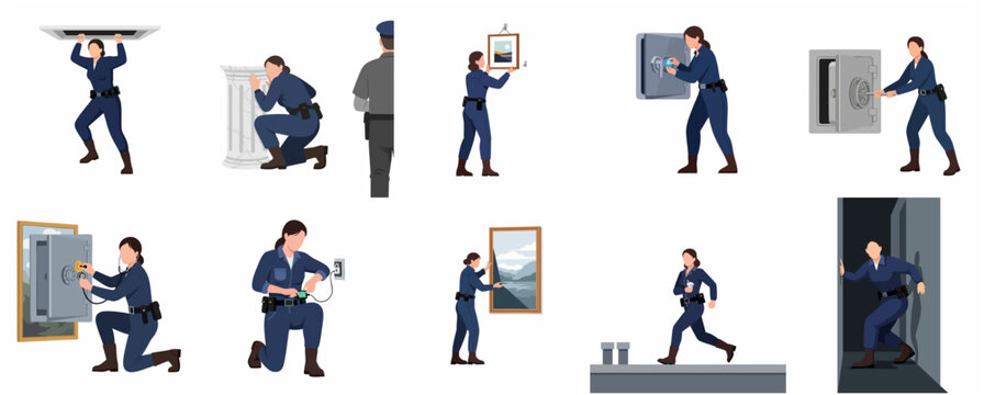 Professional Female Burglar Character Set, Cat Burglar Woman in Blue Jumpsuit Performing Heist, Safe Cracking and Art Theft Vector Illustration