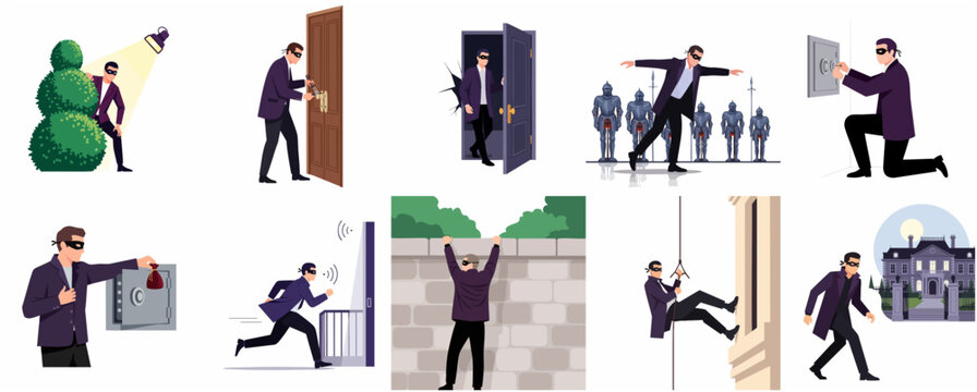 Professional Burglar in Mask and Suit Illustration Set for Crime and Heist Concepts