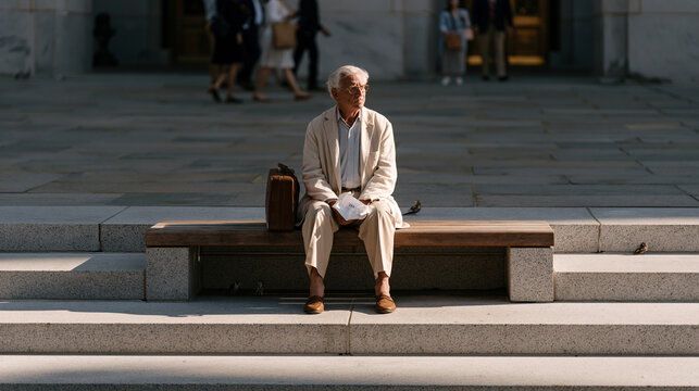 Elderly male whistleblower sitting alone on a courthouse steps bench in late afternoon, briefcase beside him and crumpled subpoena in hand, watching attorneys and staffers stream