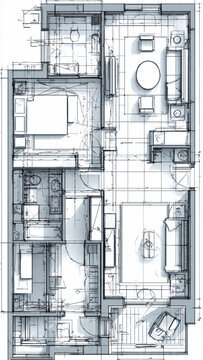 Detailed blueprint of a modern residential apartment showing rooms furniture and layout in black and white