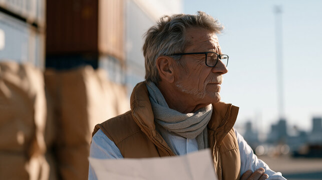 Elderly retired freight forwarder revisits a busy intermodal rail yard as a visitor, watching double-stack container trains being assembled, comparing current operations to a