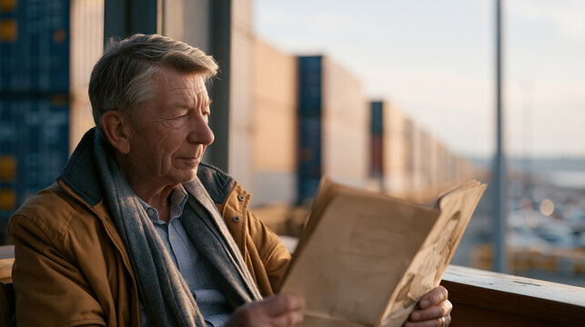 Elderly retired freight forwarder revisits a busy intermodal rail yard as a visitor, watching double-stack container trains being assembled, comparing current operations to a