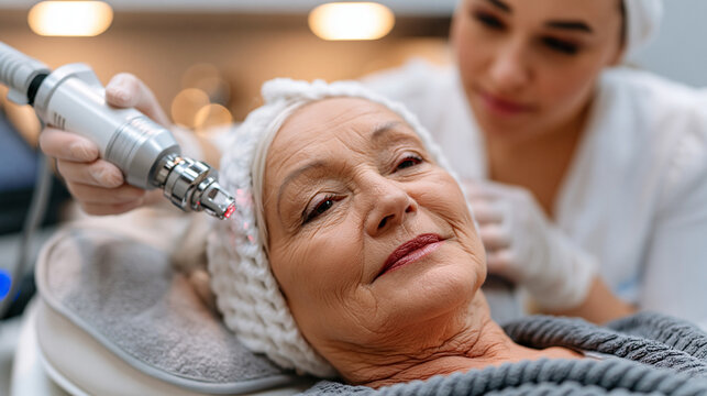 Elderly woman receives a gentle laser hair removal treatment on her upper lip area in a dermatology spa, the esthetician using a small precise handpiece while the patient reclines on a padded treatm