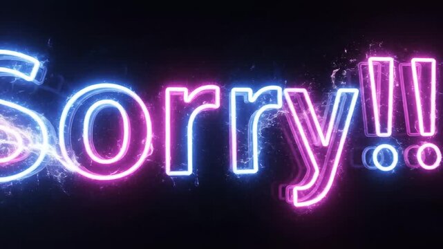 Glowing neon sorry text with electric light effects on a dark background for apology and regret concepts.