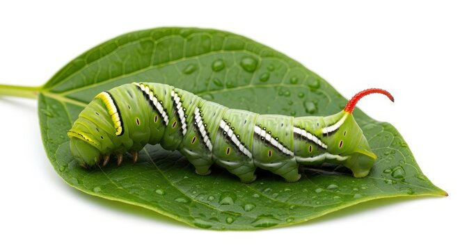 Tobacco hornworm caterpillar on a green leaf with water droplets