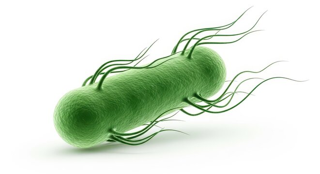 Microscopic view of a green e coli bacterium with flagella, isolated on white background