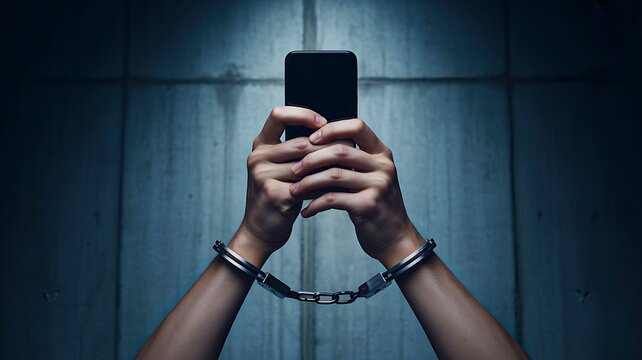 Handcuffed hands holding smartphone symbolizing digital addiction and control