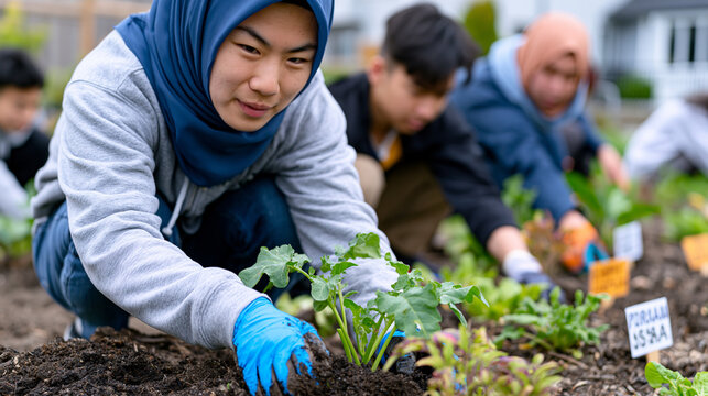 Interfaith youth group planting a community vegetable garden beside a mosque, teenagers from multiple backgrounds working together, row markers in multiple languages, cooperation belonging shared pu