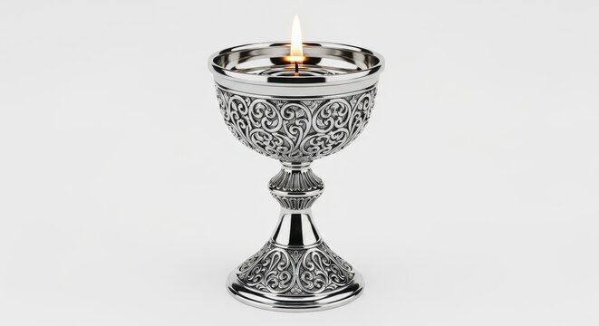 3d render of an ornate silver chalice with a burning flame, isolated on white background