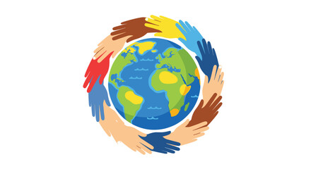 Fototapeta premium Multicolored hands forming a protective circle around a central globe illustration to highlight international solidarity and care for the planet.