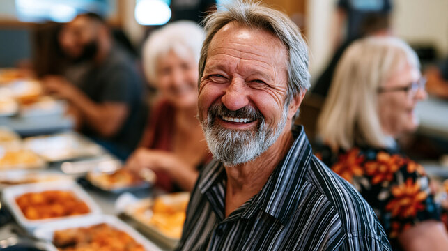 Multigenerational church congregation sharing a potluck meal in a fellowship hall, elderly members laughing with teenagers, mismatched casserole dishes covering folding tables, belonging community f