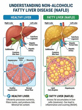 Comprehensive visual guide contrasting healthy liver function with the progression of non-alcoholic fatty liver disease (NAFLD) and its cellular impact