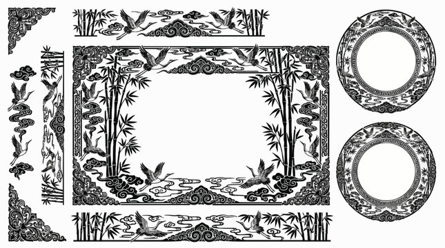 Highly detailed ornamental frame and crystal border collection with feathers and fire flames vector illustration set