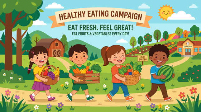 Healthy Eating Campaign Kids Enjoying Fresh Fruits and Vegetables in a Vibrant Farm Setting